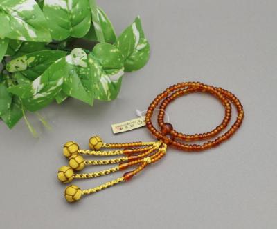 日蓮宗 本式数珠　本琥珀　7寸 (みかん珠)　小田巻梵天房 (房色:ふちどり金茶) 京念珠 女性用