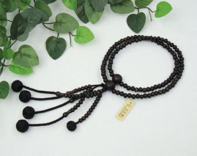 日蓮宗 本式数珠　縞黒檀 (素挽き)　尺 (丸玉)　利休梵天房 (房色:黒)　京念珠 男性用 メンズ