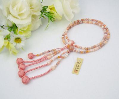 日蓮宗 本式数珠 ボツワナメノウ　8寸 (丸玉)　小田巻梵天房 (房色:サンゴ) 京念珠 女性用 