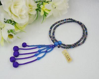 日蓮宗 本式数珠 七宝焼 (青)・ブルーアゲート　仕立　8寸 (丸玉)　小田巻梵天房 (房色:紫) 