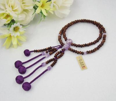 日蓮宗 本式数珠 縞栴檀 (素挽き)・8寸(平玉)　小田巻梵天房 (房色:古代京念珠 法華用 女性用