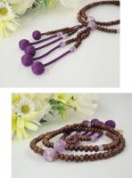 日蓮宗 本式数珠 縞栴檀 (素挽き)・8寸(平玉)　小田巻梵天房 (房色:古代京念珠 法華用 女性用